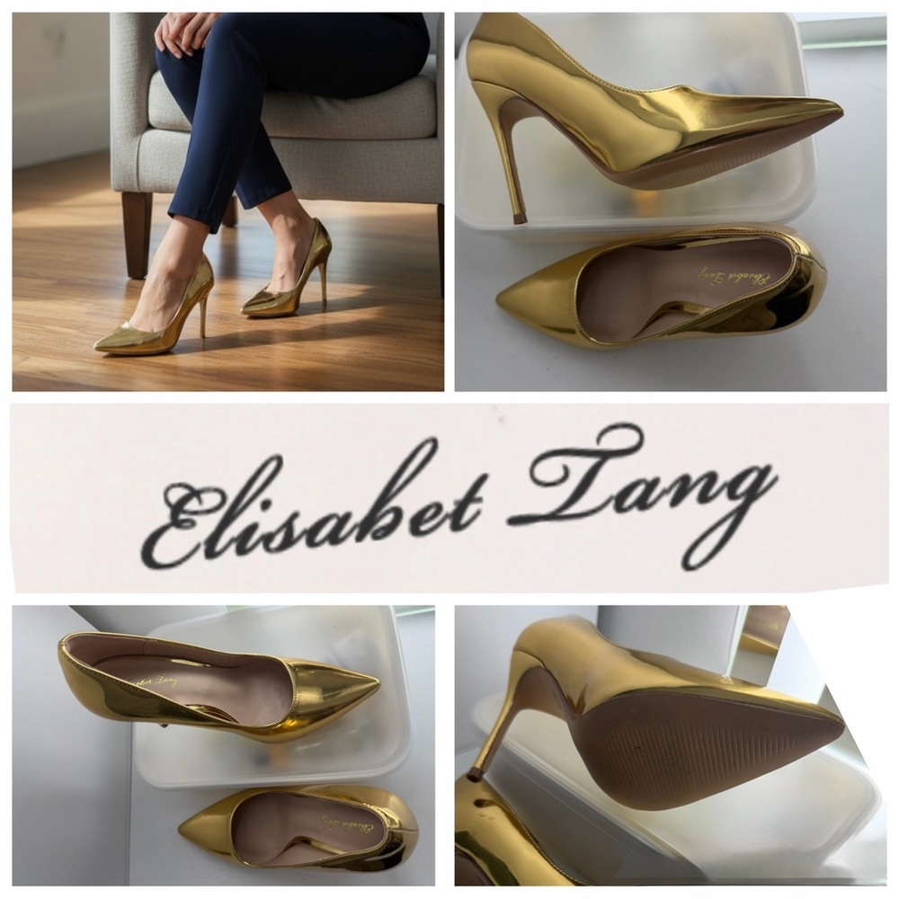 Elisabet Tang Gold Pointed Toe Stiletto Slip On Pump Women's Size 6 NWOT